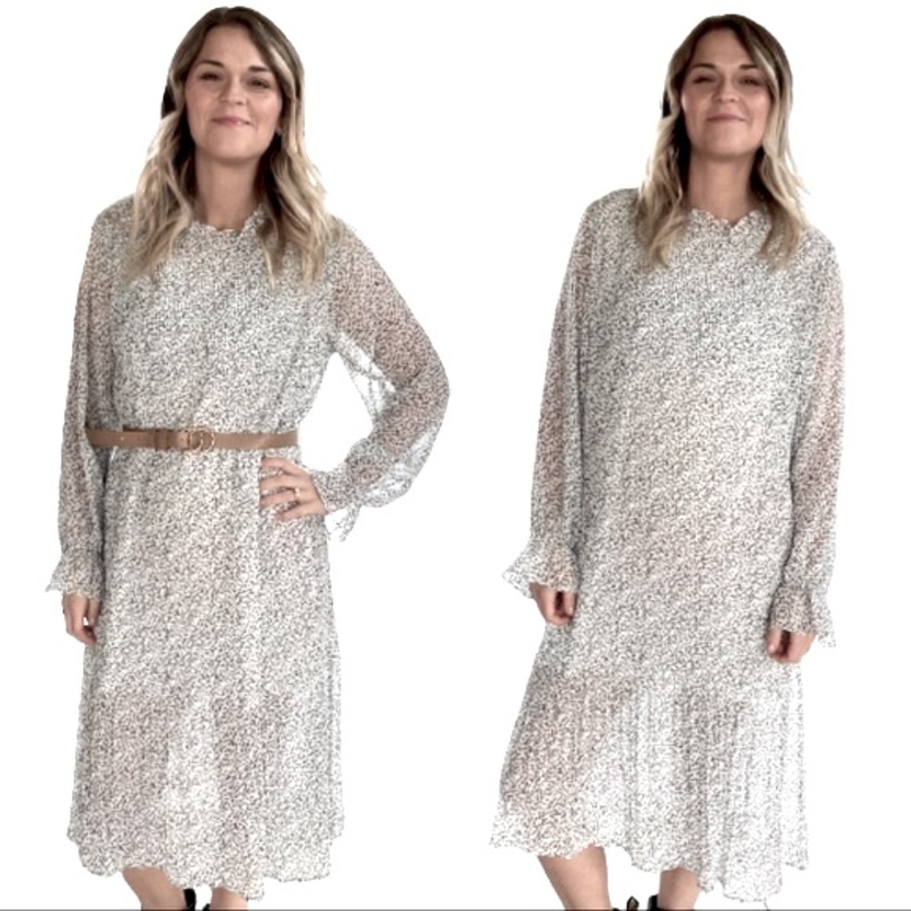 Sheer Ruffle Collar Accordion Pleat Drop Waist Midi Shift Flapper Dress LARGE